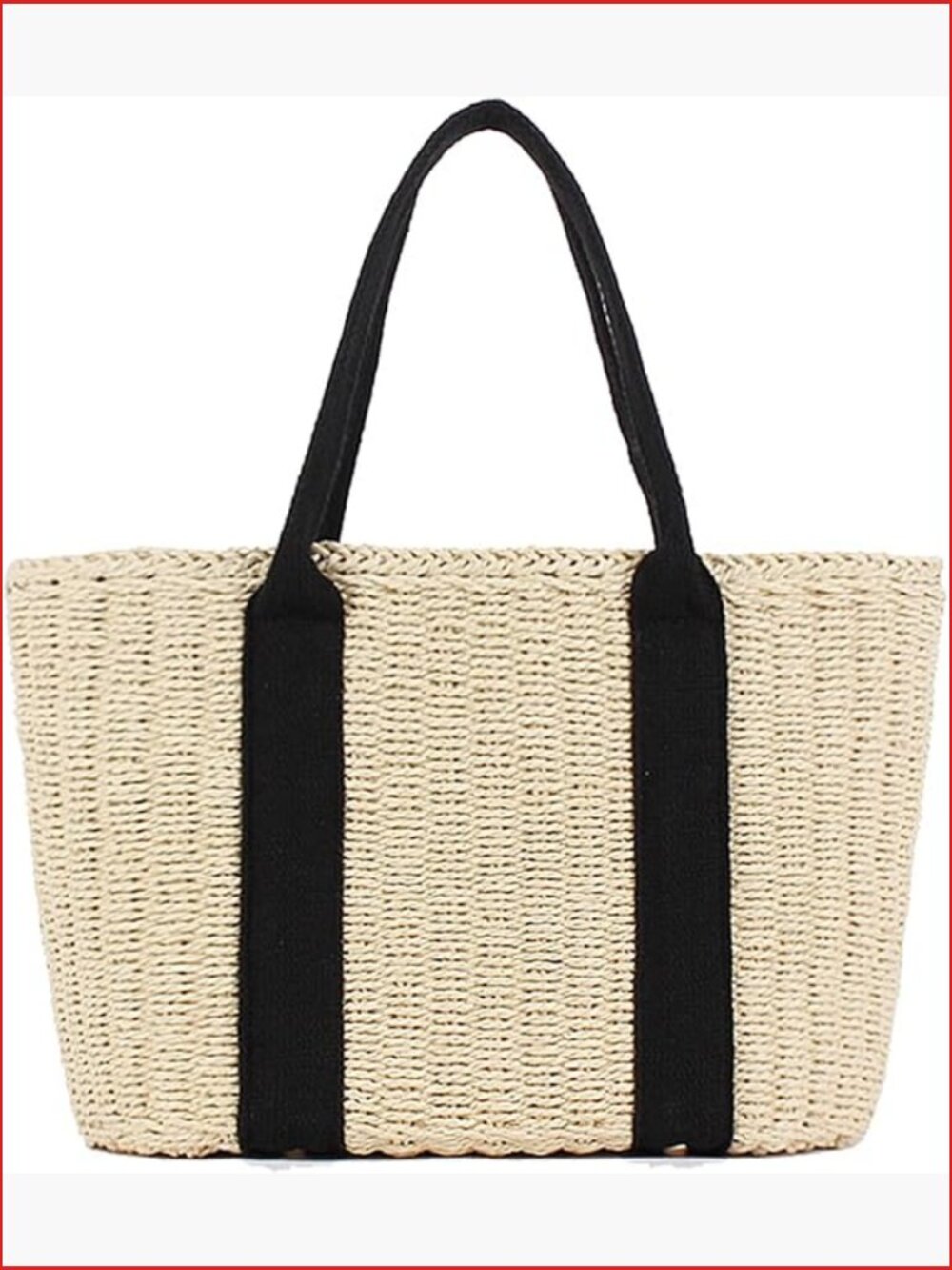 Woven Straw Tote Bag with Black Straps - Classic Summer Carryall